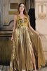 Stunning A Line V-Neck Golden Long Prom Dress with Split Front