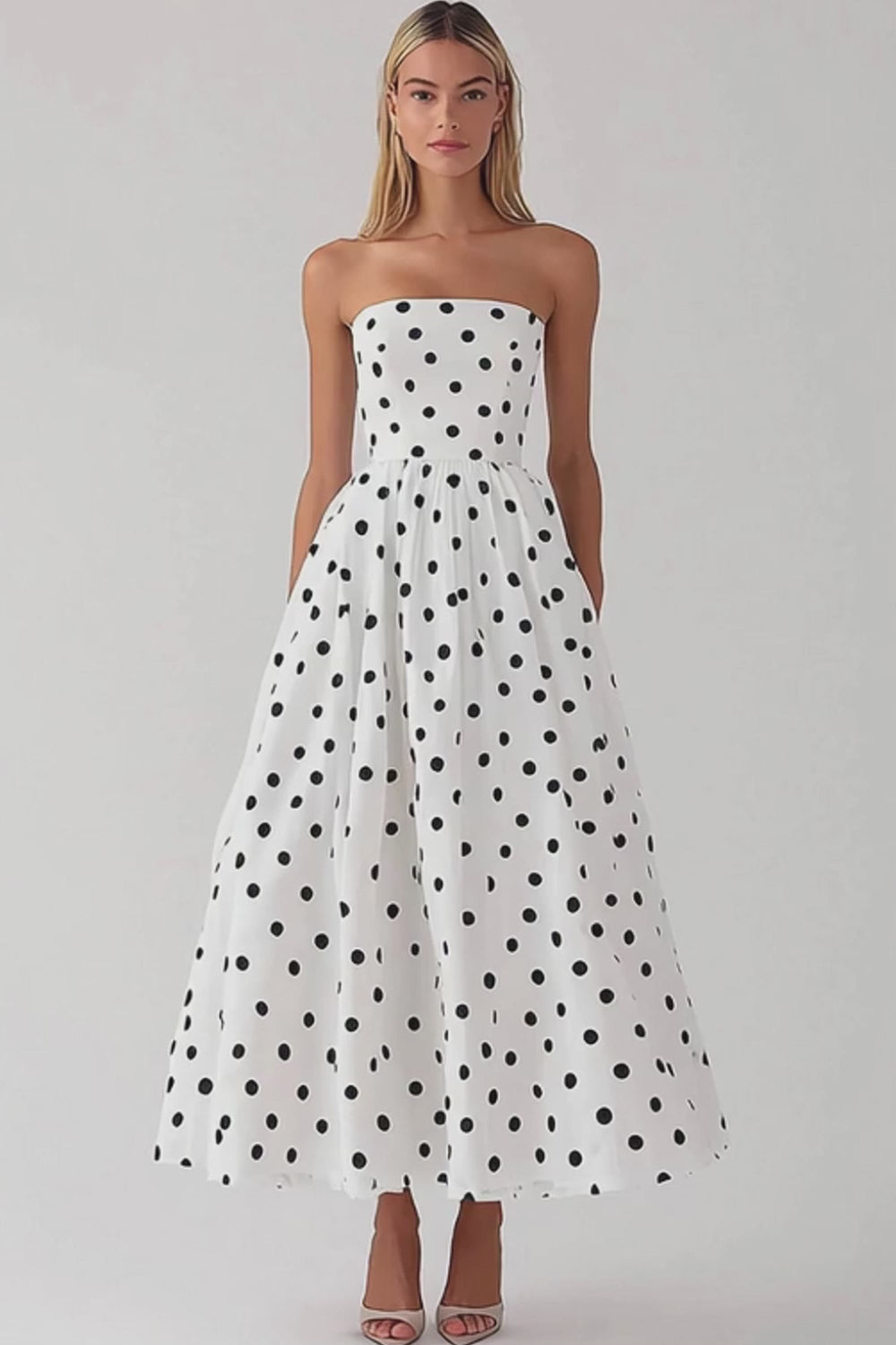 Black and White Satin Strapless Empire Boho Maxi Polka Dot Dress