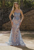 Sparkly Grey Blue Mermaid Lace Strapless Long Corset Prom Dress