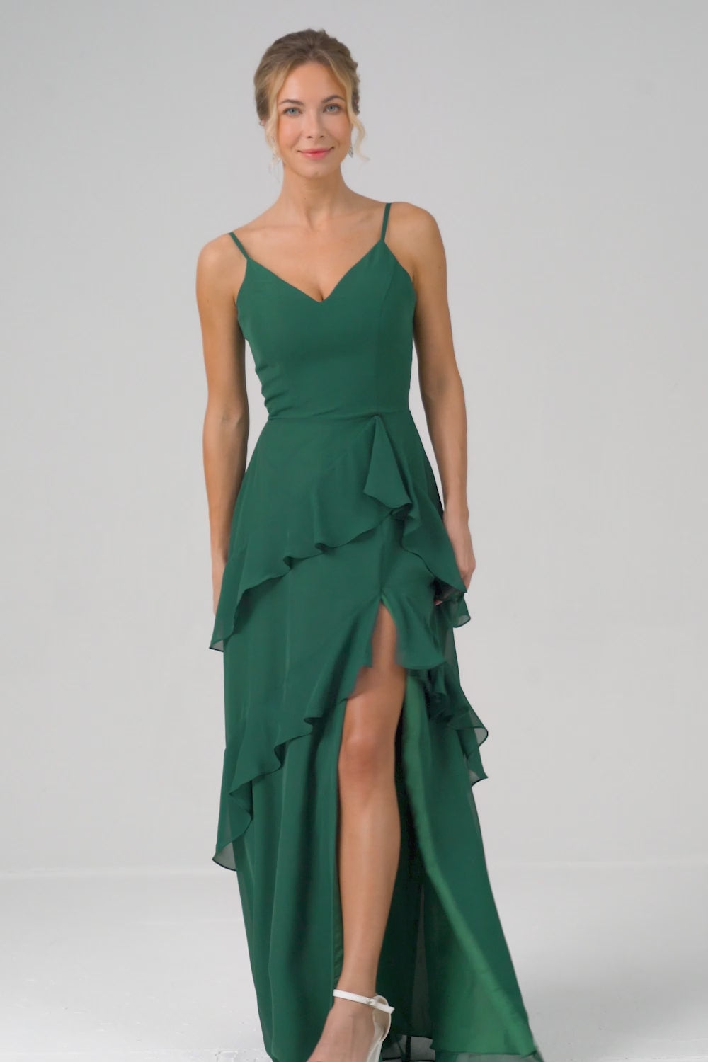 Dark Green A-Line Spaghetti Straps Chiffon Long Bridesmaid Dress with Ruffles