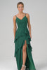 Dark Green A-Line Spaghetti Straps Chiffon Long Bridesmaid Dress with Ruffles