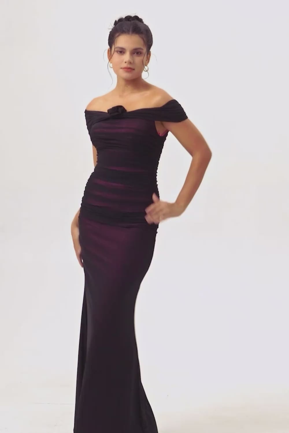 Black Pink Off the Shoulder Mermaid Long Bridesmaid Dress with 3D Flower