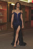Sparkly Navy Mermaid Long Corset Prom Dress with Slit