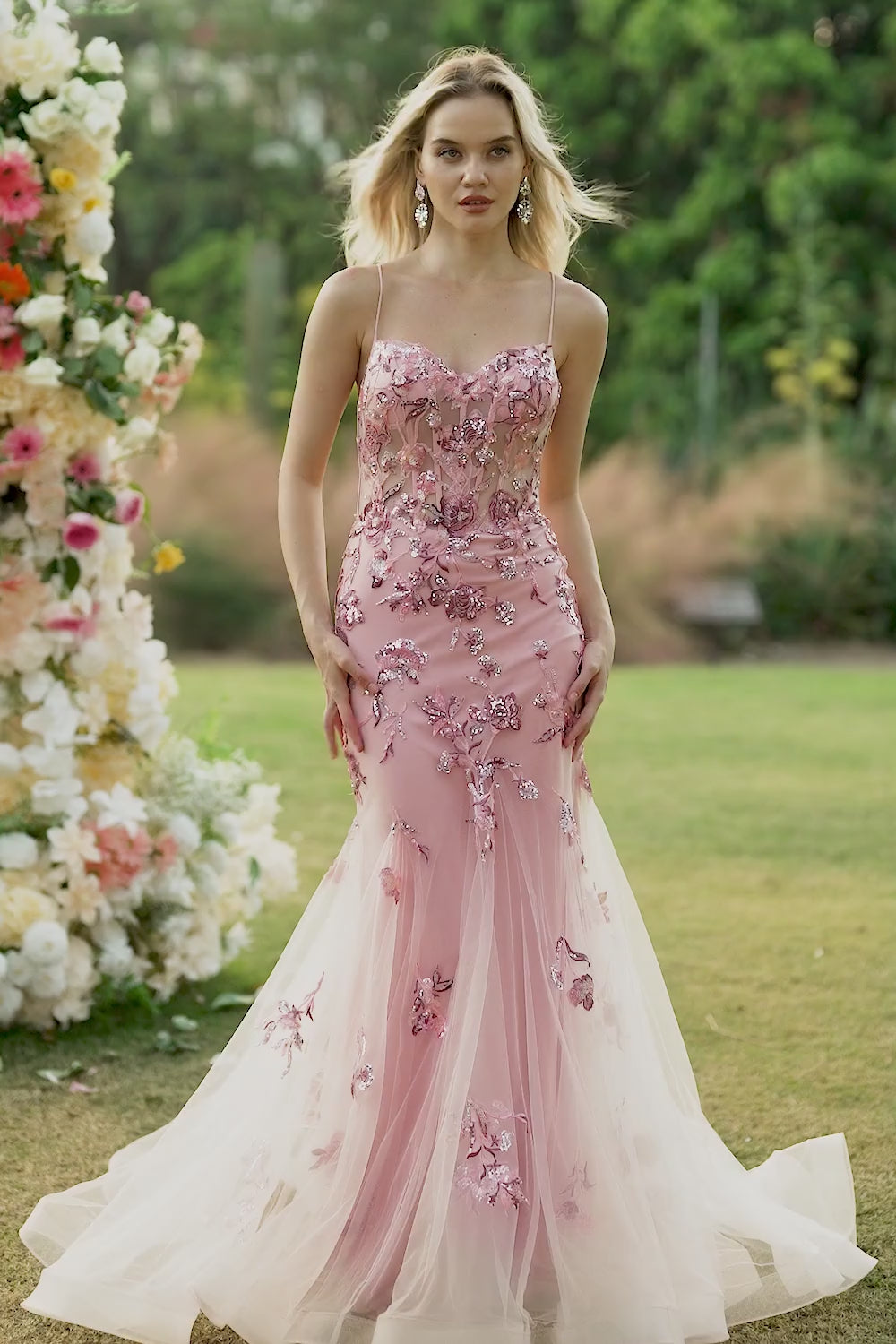 Sparkly Floral Blush Mermaid Long Corset Prom Dress