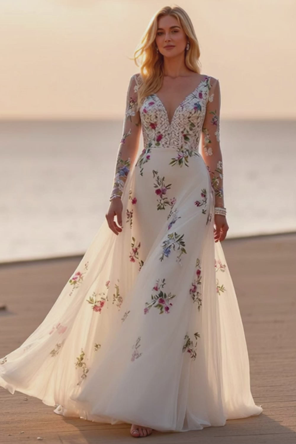 White Long Sleeves Deep V-Neck Floral Wedding Dress