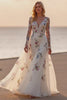 White Long Sleeves Deep V-Neck Floral Wedding Dress