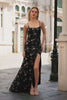 Sparkly Floral Black Purple Sequin Spaghetti Straps Long Prom Dress with Slit