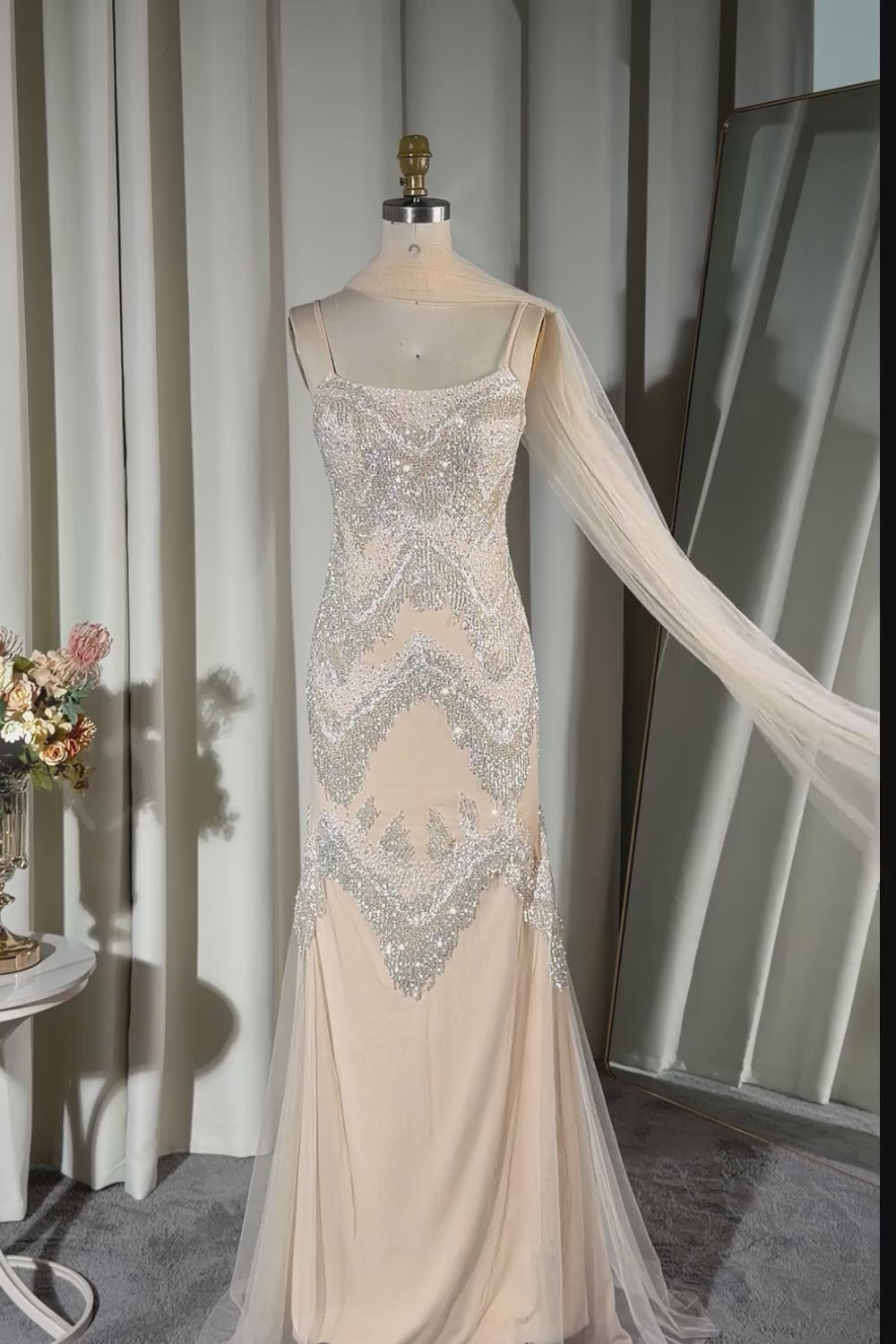 Sparkly Apricot Long Beaded Spaghetti Straps Prom Dress with Shawl