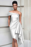 Ruffled One Shoulder Tight Burgundy Knee Length Gala Dress