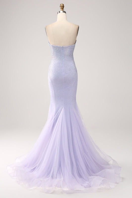 Lilac Mermaid Sweetheart Strapless Beaded Long Prom Dress