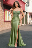 Sparkly Mermaid Sage Spaghetti Straps Satin Prom Dress With Slit
