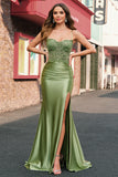 Sparkly Mermaid Sage Spaghetti Straps Satin Prom Dress With Slit