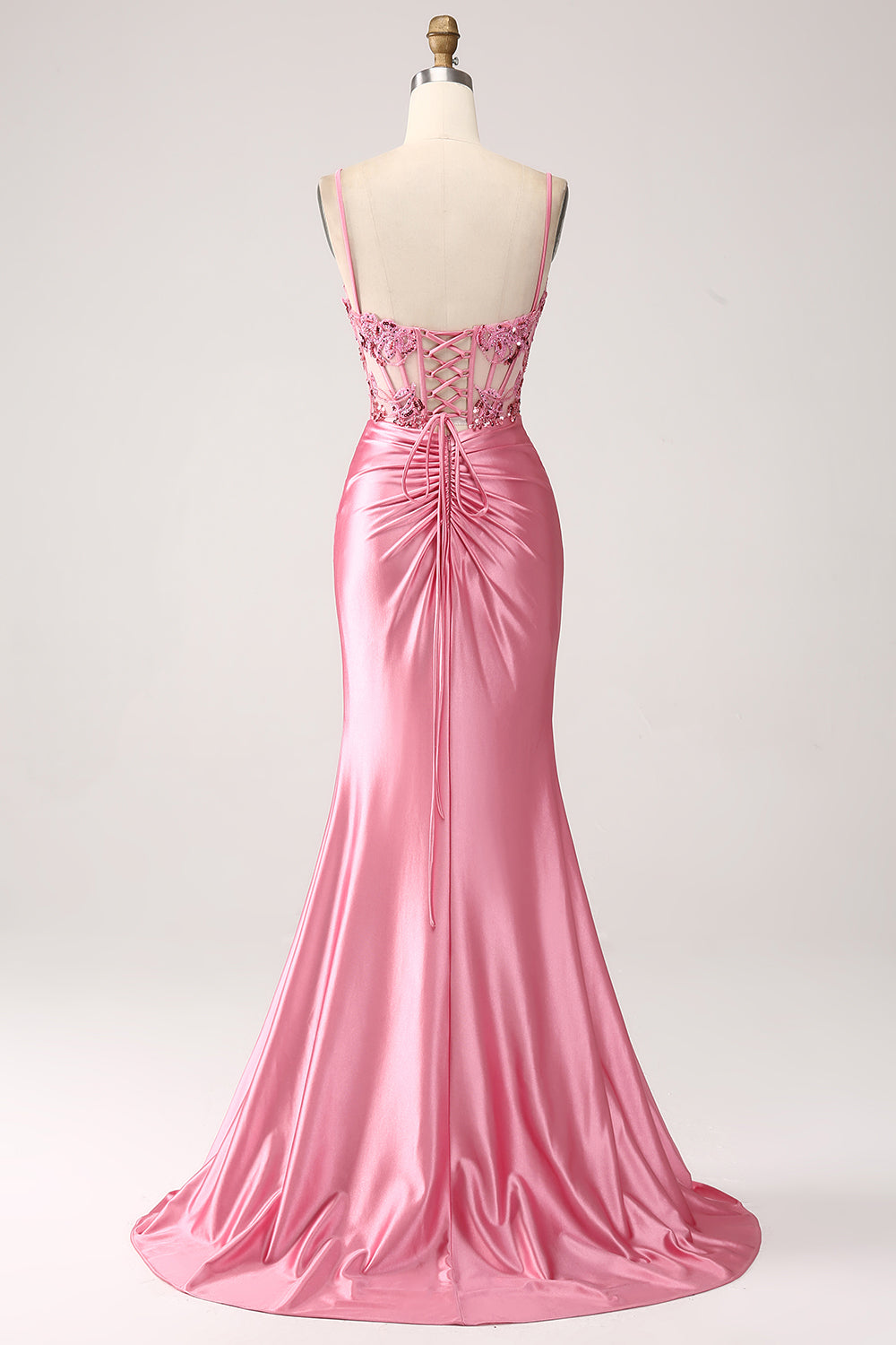 Pink Mermaid Spaghetti Straps Sequin Corset Prom Dress with Slit