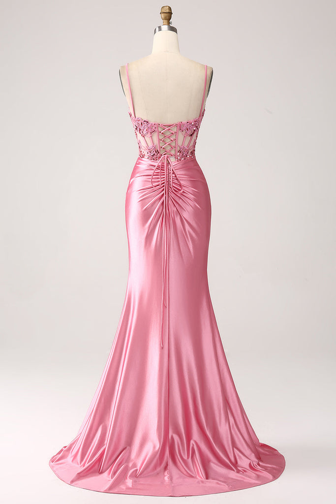 Pretty Mermaid Spaghetti Straps Hot Pink Long Satin Prom Dresses Formal Evening Dress