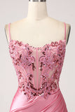 Pink Mermaid Spaghetti Straps Sequin Corset Prom Dress with Slit