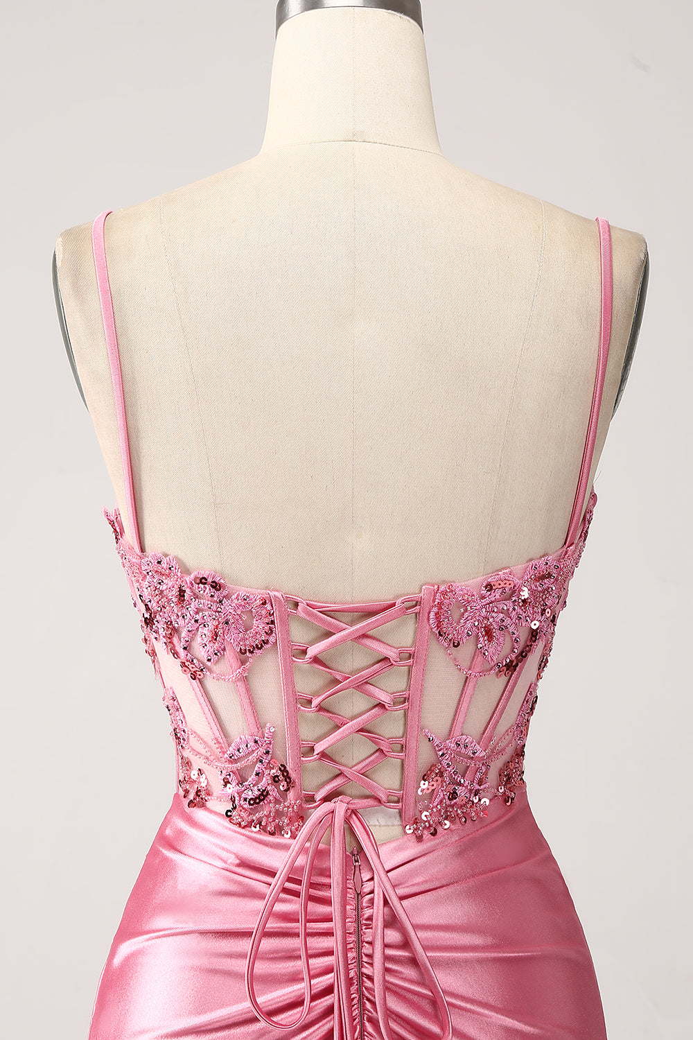 Zapakasa Women Pink Satin Mermaid Corset Prom Dress with Slit Spaghetti