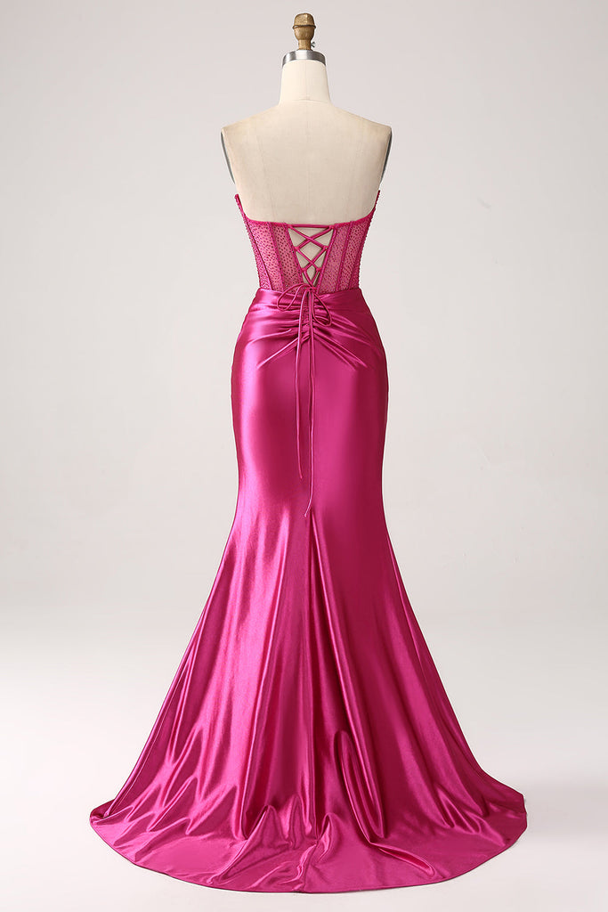 Ruched Bodice Evening Dress with Overlap Skirt Fuchsia