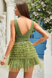 Green Tulle V-neck Short Homecoming Dress
