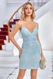 Light Blue Spaghetti Straps Sequins Bodycon Homecoming Dress