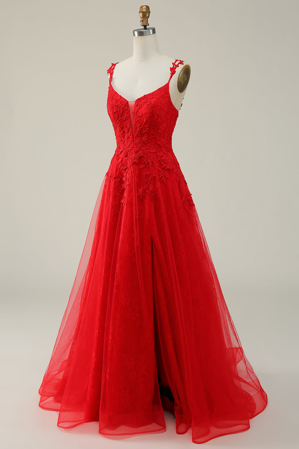 A Line Spaghetti Straps Red Long Prom Dress with Appliques