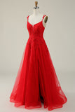 A Line Spaghetti Straps Red Long Prom Dress with Appliques