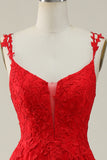A Line Spaghetti Straps Red Long Prom Dress with Appliques
