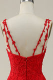 A Line Spaghetti Straps Red Long Prom Dress with Appliques