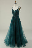 A Line Spaghetti Straps Red Long Prom Dress with Appliques