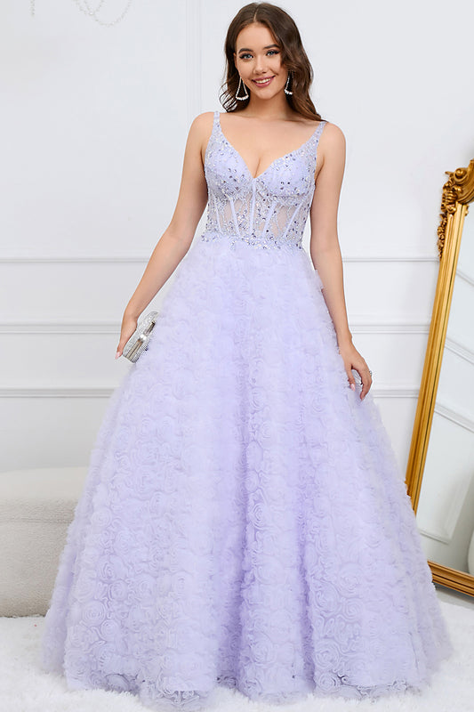 A Line V Neck Purple Prom Dress with 3D Flowers