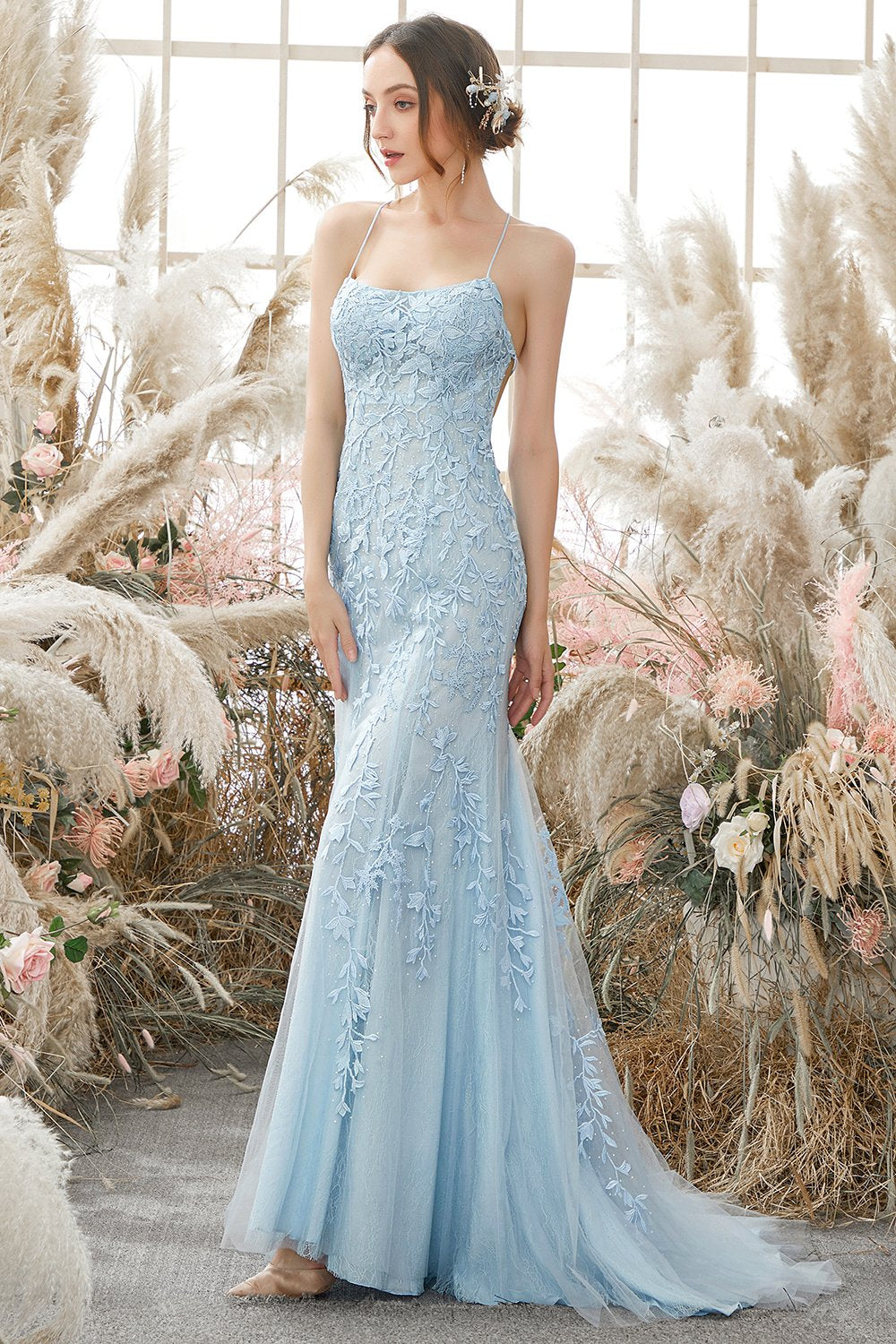 Mermaid Blue Long Prom Dress Backless Evening Dress