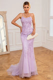  Light Purple Mermaid Prom Dress Spaghetti Straps Backless Evening Dress with Appliques