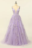 Purple Spaghetti Straps Prom Dress With Appliques