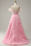 Pink Off the Shoulder Tiered Long Prom Dress with Split