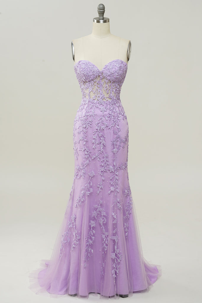 Strapless Lilac Lace Appliques Sheath Prom Dress main image 1