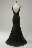 Mermaid Beaded V-neck Black Prom Dress
