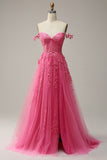 Elegant Hot Pink Off the Shoulder Lace Prom Dress with Slit  Corset Tulle Ball Gown Dress