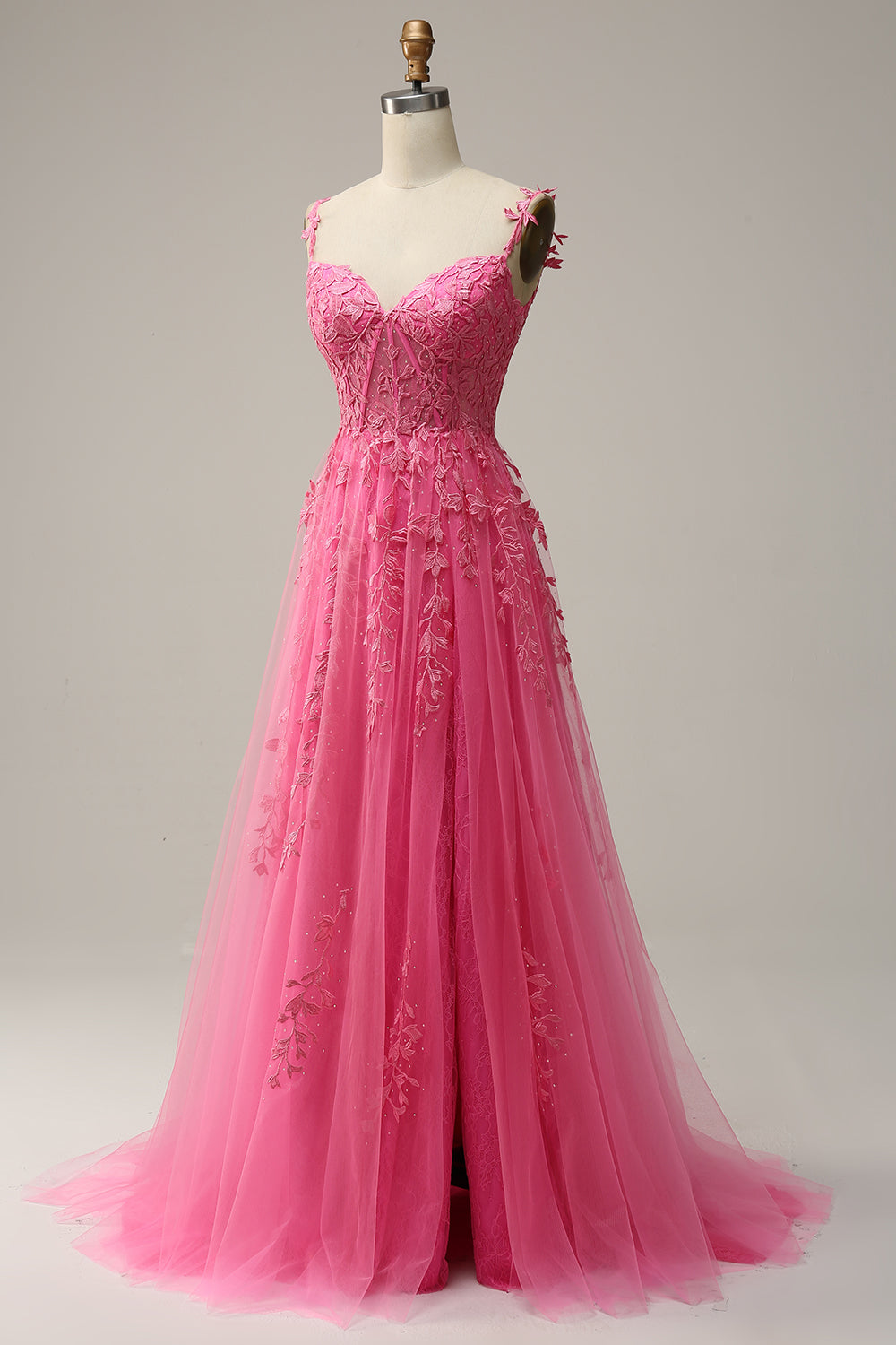 hot pink lace formal dress Hot Pink Tiered Tulle Strapless A-line Lace Bodice Long Prom Dresses, MP864
