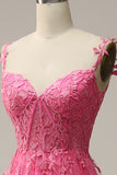 A Line Spaghetti Straps Hot Pink Prom Dress with Appliques