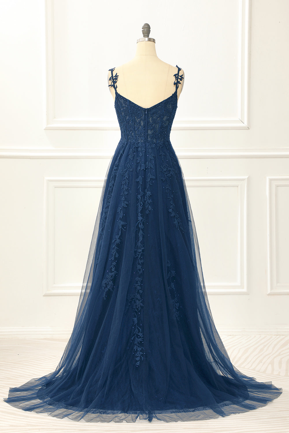 A Line Spaghetti Straps Lace Navy Prom Dress with Appliques