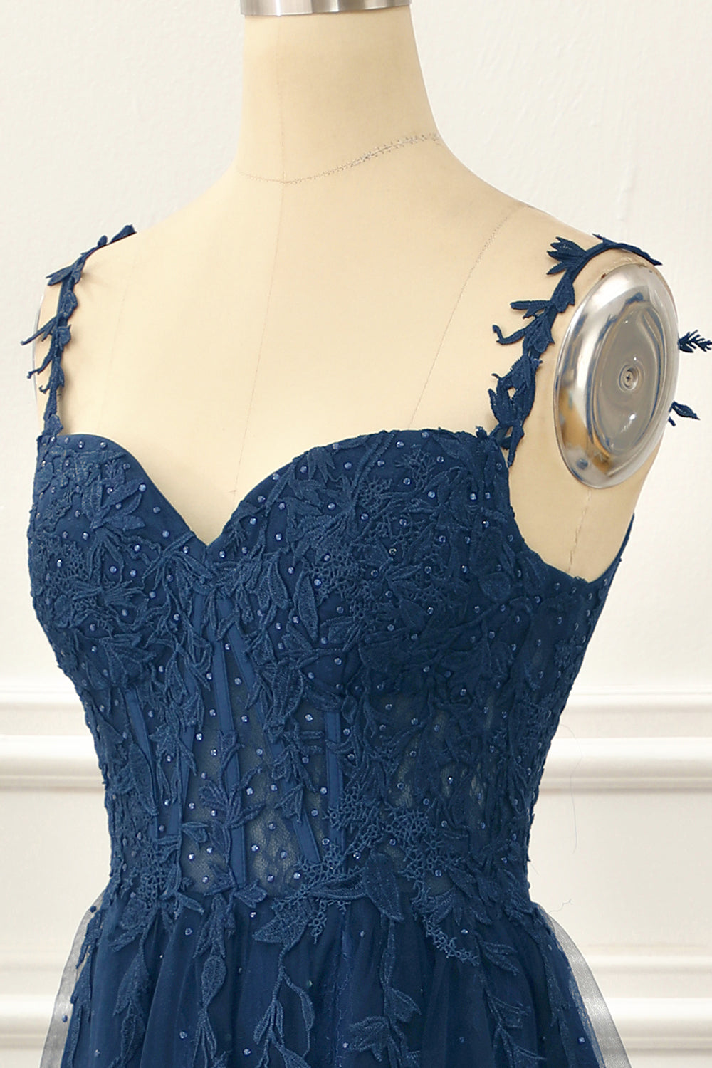 A Line Spaghetti Straps Lace Navy Prom Dress with Appliques