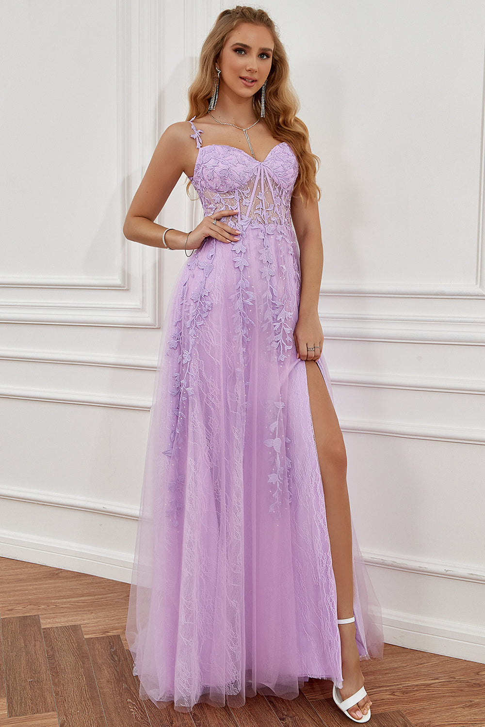 A Line Spaghetti Straps Lace Navy Prom Dress with Appliques