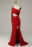 Mermaid One Shoulder Red Sequins Cut Out Prom Dress with Split Front