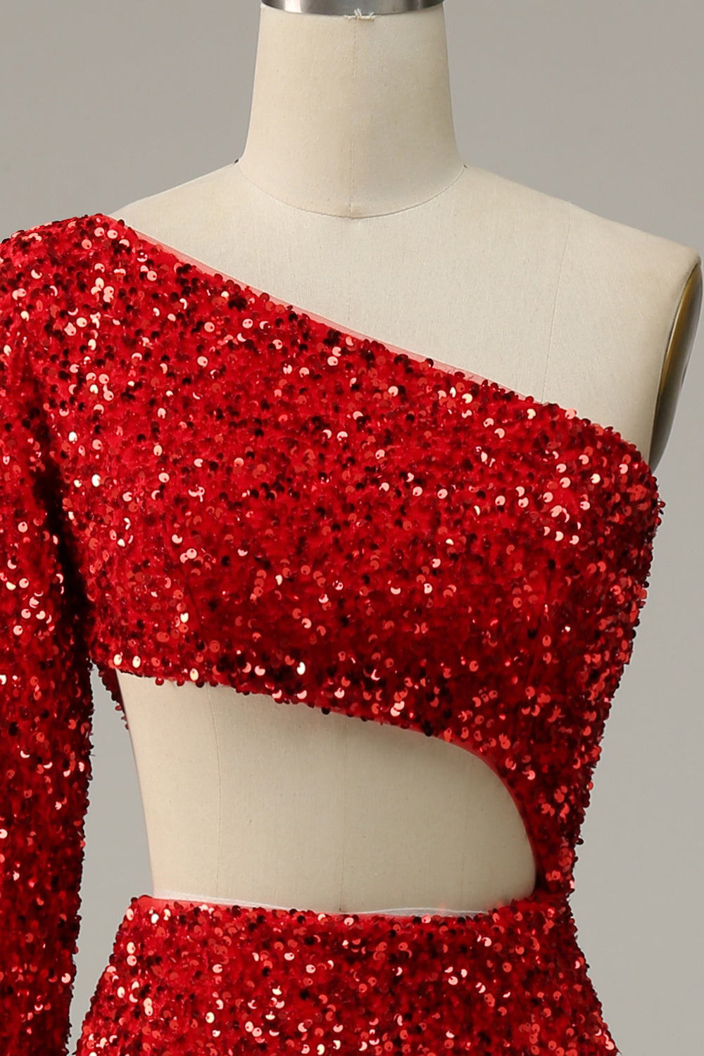 Mermaid One Shoulder Red Sequins Cut Out Prom Dress with Split Front