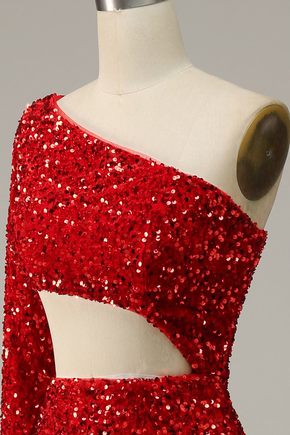 Mermaid One Shoulder Red Sequins Cut Out Prom Dress with Split Front