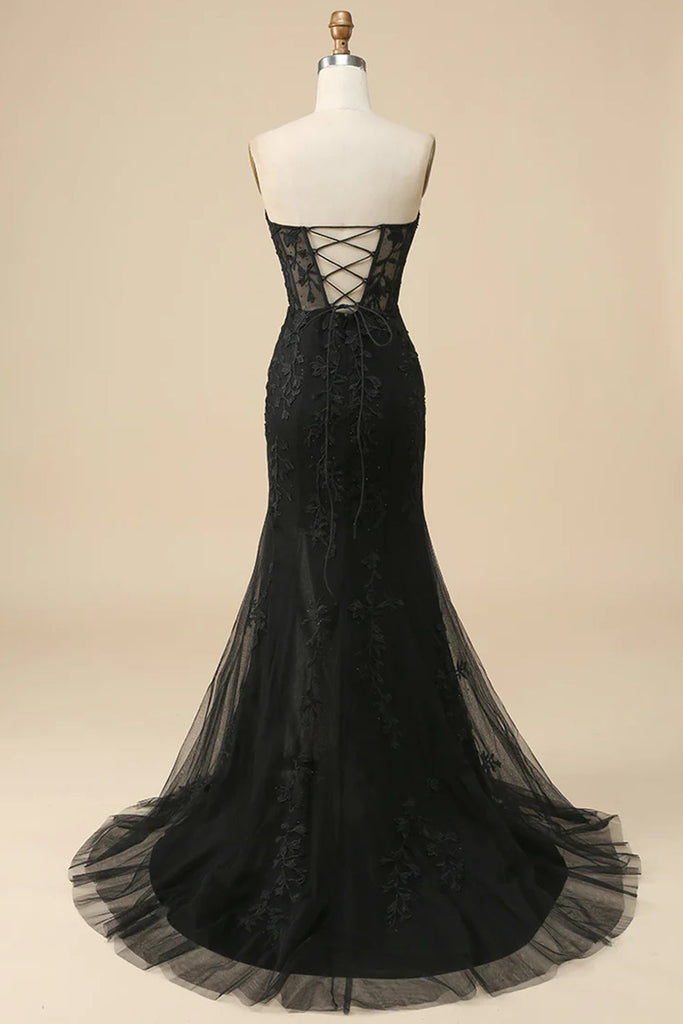 Zapakasa Women Black Corset Long Prom Dress with Slit Mermaid