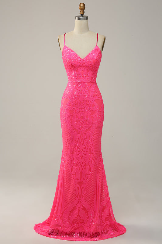 Mermaid Backless Hot Pink Sequins Long Prom Dress