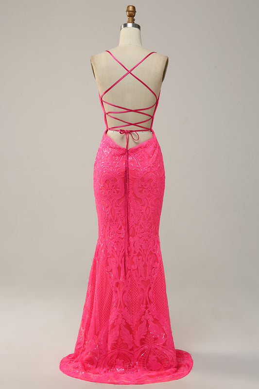 Mermaid Backless Hot Pink Sequins Long Prom Dress