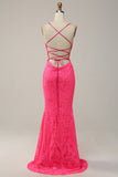Mermaid Backless Hot Pink Sequins Long Prom Dress