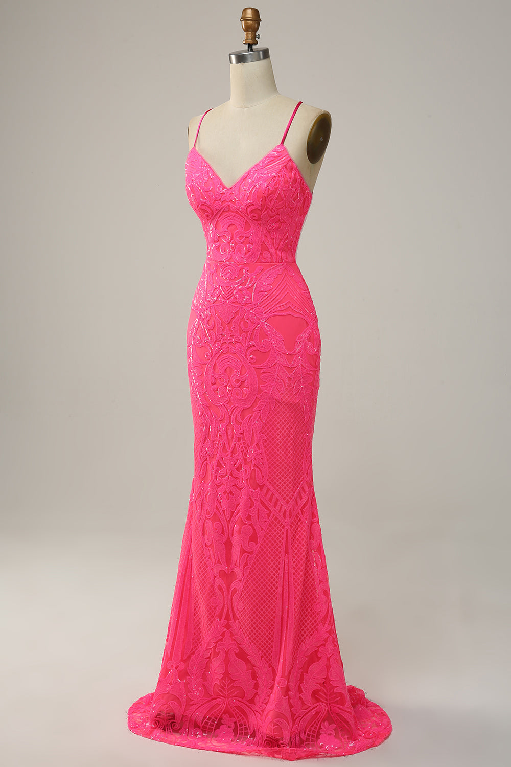 Mermaid Backless Hot Pink Sequins Long Prom Dress