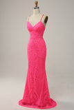 Mermaid Backless Hot Pink Sequins Long Prom Dress
